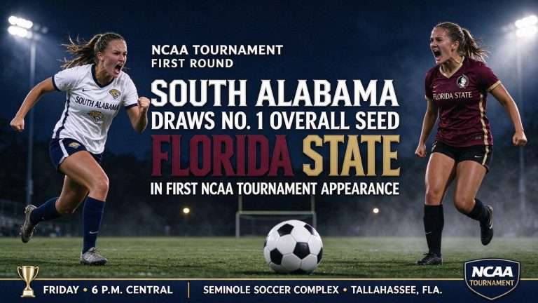 Illustration for the news story: South Alabama Soccer Draws No. 1 Overall Seed Florida State in First NCAA Tournament Appearance