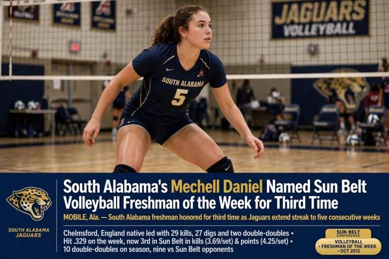 Illustration for the news story: South Alabama’s Mechell Daniel Named Sun Belt Volleyball Freshman of the Week for Third Time