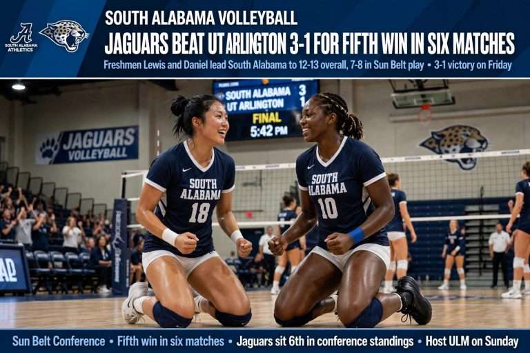 Illustration for the news story: South Alabama Volleyball Beats UT Arlington 3-1 for Fifth Win in Six Matches