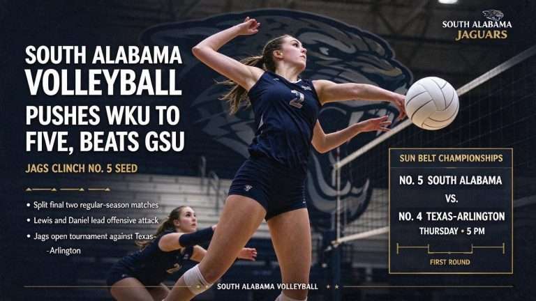 Illustration for the news story: South Alabama Volleyball Pushes Western Kentucky to Five, Beats Georgia State to Earn No. 5 Seed