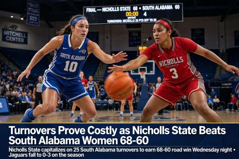 Illustration for the news story: Turnovers Prove Costly as Nicholls State Beats South Alabama Women 68-60