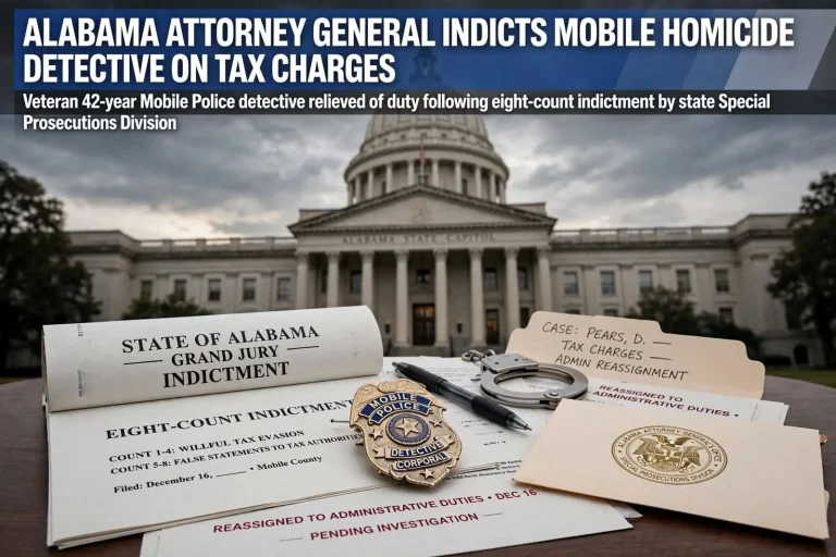 Illustration for the news story: Alabama Attorney General Indicts Mobile Homicide Detective On Tax Charges