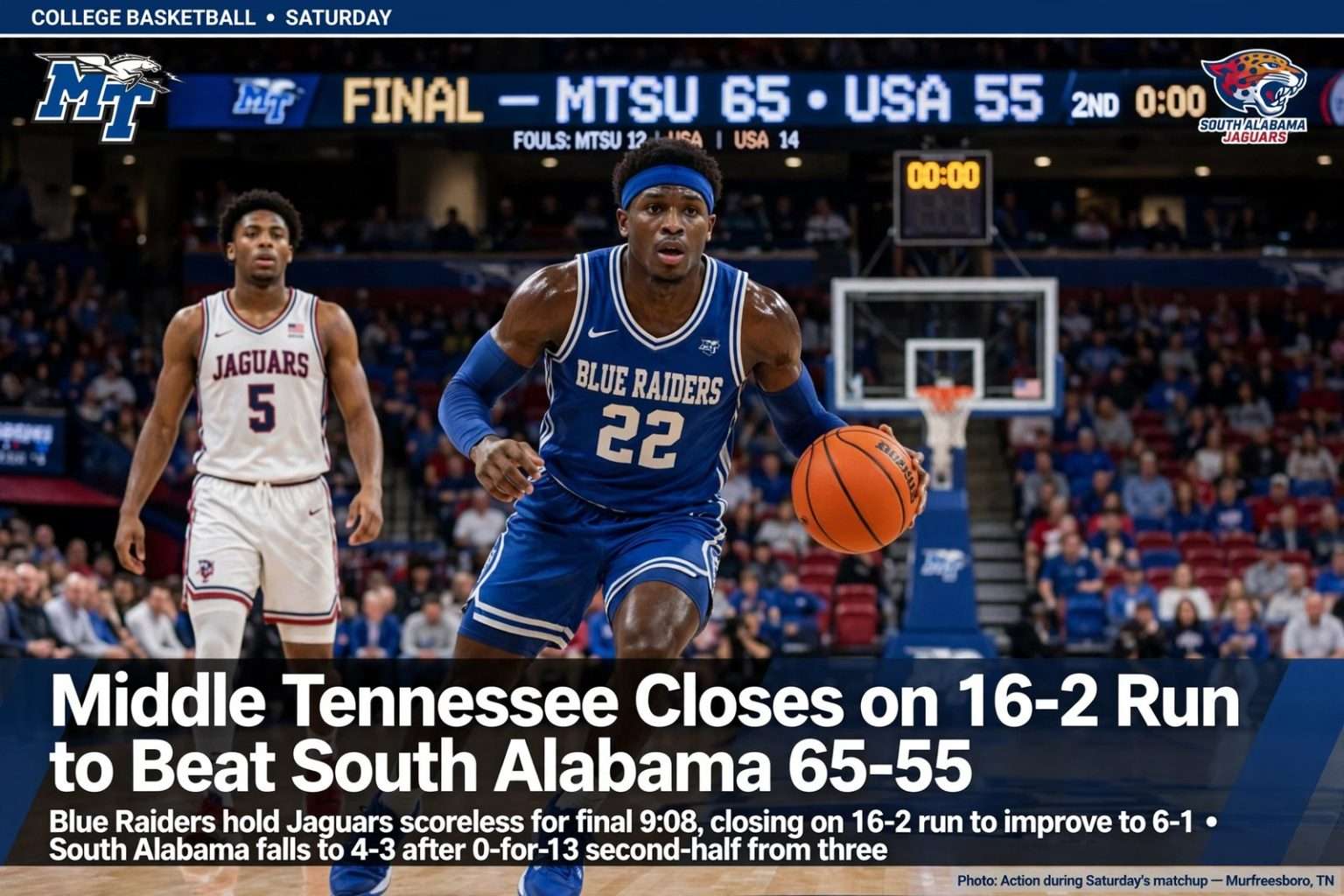 Illustration for the news story: Middle Tennessee Closes on 16-2 Run to Beat South Alabama 65-55