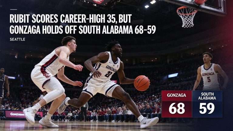 Illustration for the news story: Rubit Scores Career-High 35, but Gonzaga Holds Off South Alabama 68-59 in Seattle