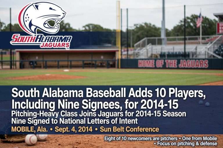 Illustration for the news story: South Alabama Baseball Adds 10 Players, Including Nine Signees, for 2014-15