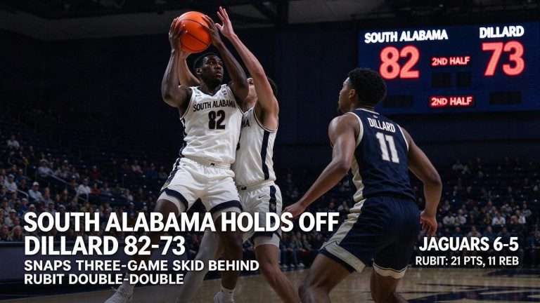 Illustration for the news story: South Alabama Holds Off Dillard 82-73 to Snap Three-Game Skid Behind Rubit Double-Double