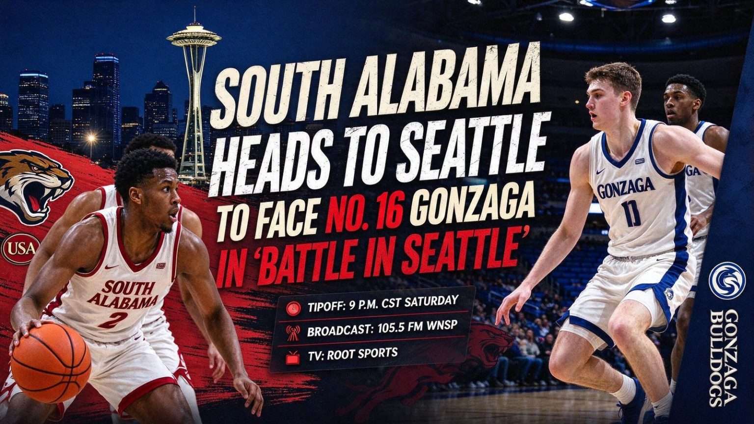 Illustration for the news story: South Alabama Heads to Seattle to Face No. 16 Gonzaga in ‘Battle in Seattle’