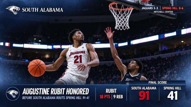 Illustration for the news story: Augustine Rubit Honored Before South Alabama Routs Spring Hill 91-41