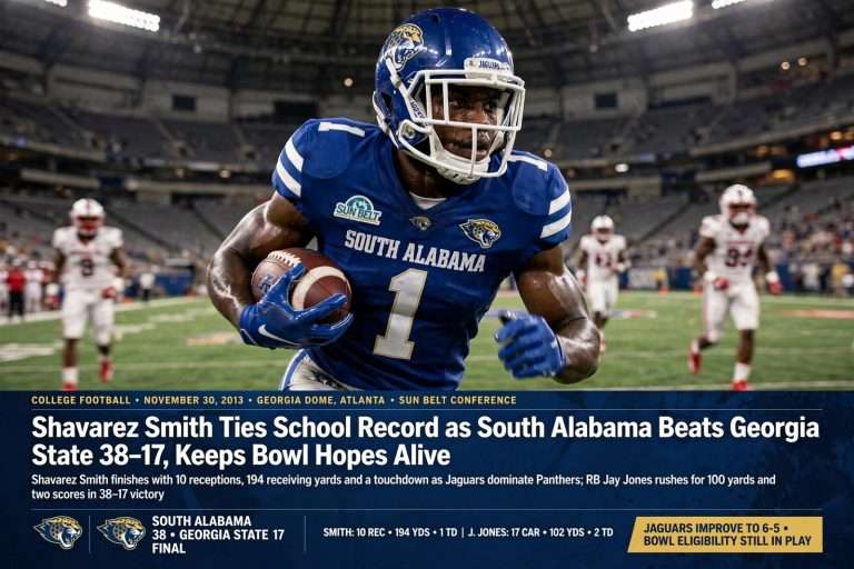 Illustration for the news story: Shavarez Smith Ties School Record as South Alabama Beats Georgia State 38-17, Keeps Bowl Hopes Alive