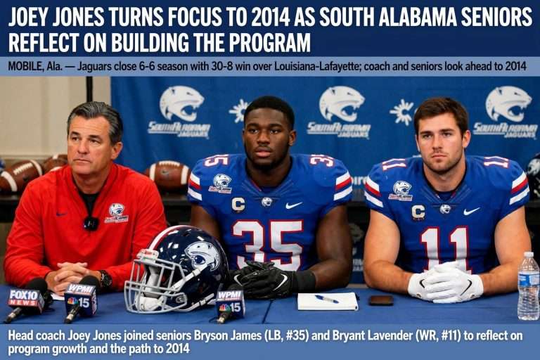 Illustration for the news story: Joey Jones Turns Focus to 2014 as South Alabama Seniors Reflect on Building the Program