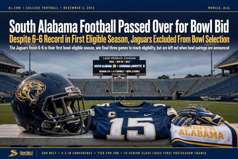 Illustration for the news story: South Alabama Football Passed Over for Bowl Bid Despite 6-6 Record in First Eligible Season