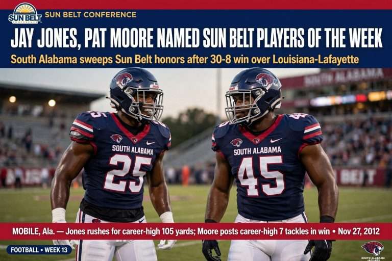 Illustration for the news story: Jay Jones, Pat Moore Named Sun Belt Players of the Week After South Alabama Beats Louisiana-Lafayette