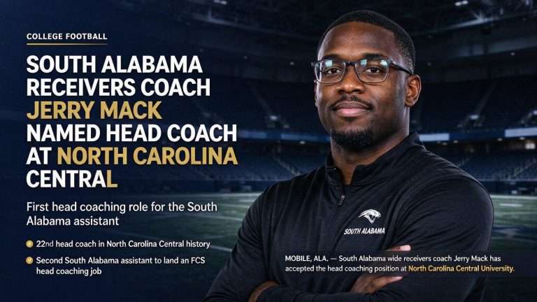 Illustration for the news story: South Alabama Receivers Coach Jerry Mack Named Head Coach at North Carolina Central