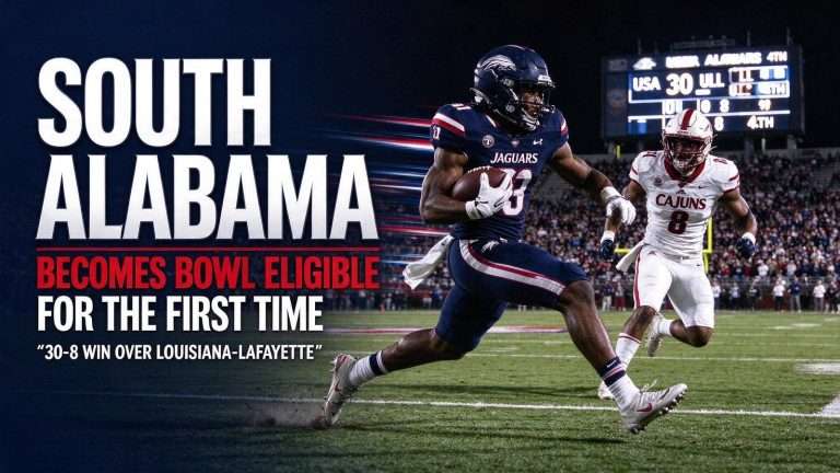 Illustration for the news story: South Alabama Routs Louisiana-Lafayette 30-8 to Become Bowl Eligible for the First Time