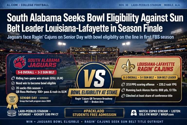 Illustration for the news story: South Alabama Seeks Bowl Eligibility Against Sun Belt Leader Louisiana-Lafayette in Season Finale