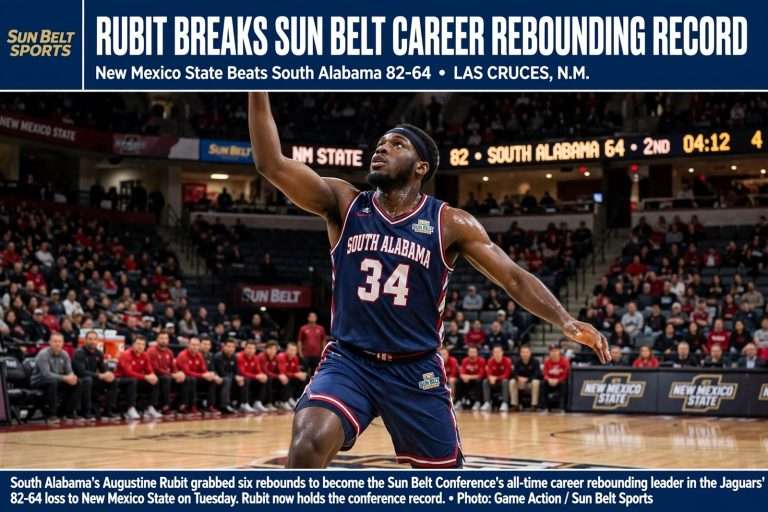 Illustration for the news story: Rubit Breaks Sun Belt Career Rebounding Record as New Mexico State Beats South Alabama 82-64