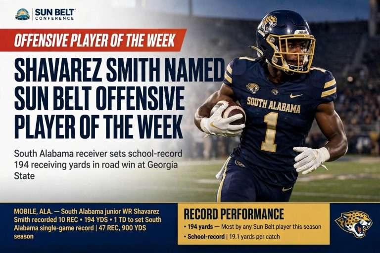 Illustration for the news story: Shavarez Smith Named Sun Belt Offensive Player of the Week After School-Record 194 Receiving Yards