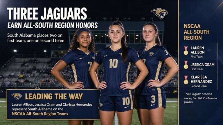 Illustration for the news story: Lauren Allison, Jessica Oram, Clarissa Hernandez Lead South Alabama on NSCAA All-South Region Team
