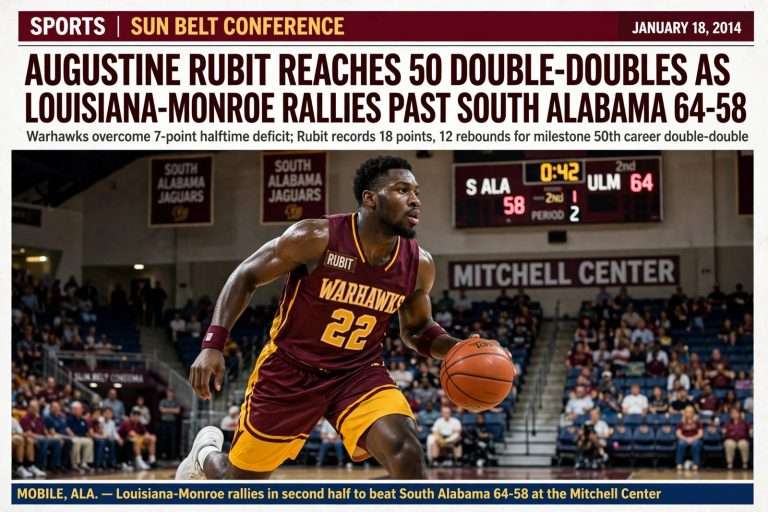 Illustration for the news story: Augustine Rubit Reaches 50 Double-Doubles as Louisiana-Monroe Rallies Past South Alabama 64-58