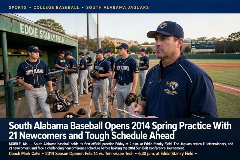 Illustration for the news story: South Alabama Baseball Opens 2014 Spring Practice With 21 Newcomers and Tough Schedule Ahead