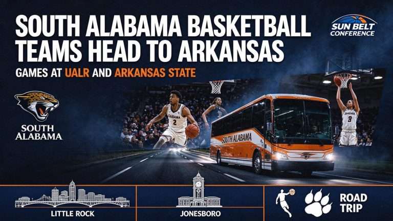 Illustration for the news story: South Alabama Basketball Teams Head to Arkansas for Games at UALR and Arkansas State