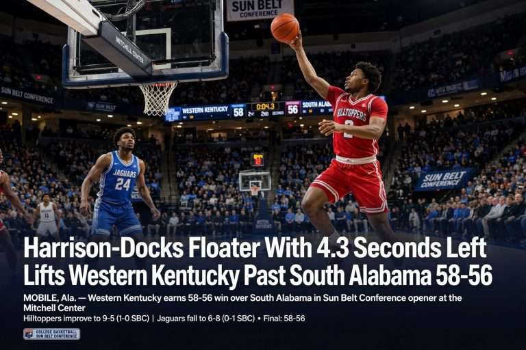 Illustration for the news story: Harrison-Docks Floater With 4.3 Seconds Left Lifts Western Kentucky Past South Alabama 58-56