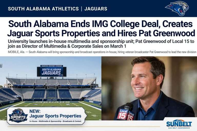 Illustration for the news story: South Alabama Ends IMG College Deal, Creates Jaguar Sports Properties and Hires Pat Greenwood
