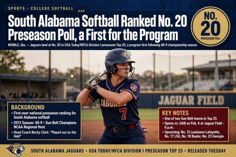 Illustration for the news story: South Alabama Softball Ranked No. 20 in Preseason Poll, a First for the Program