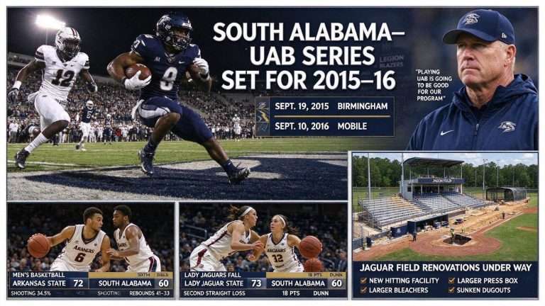 Illustration for the news story: South Alabama UAB Series Set for 2015-16 as Both Basketball Teams Fall at Arkansas State