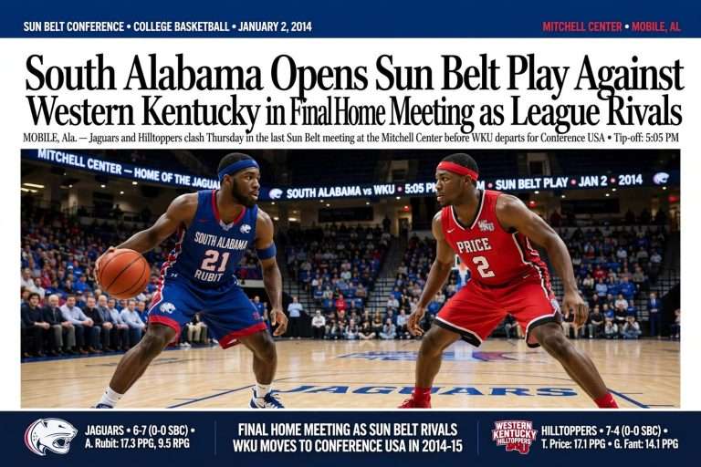 Illustration for the news story: South Alabama Opens Sun Belt Play Against Western Kentucky in Final Home Meeting as League Rivals