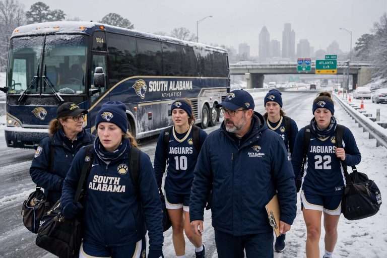 Illustration for the news story: South Alabama Women’s Basketball Team Reaches Atlanta After 24-Hour Bus Trip Through Winter Storm