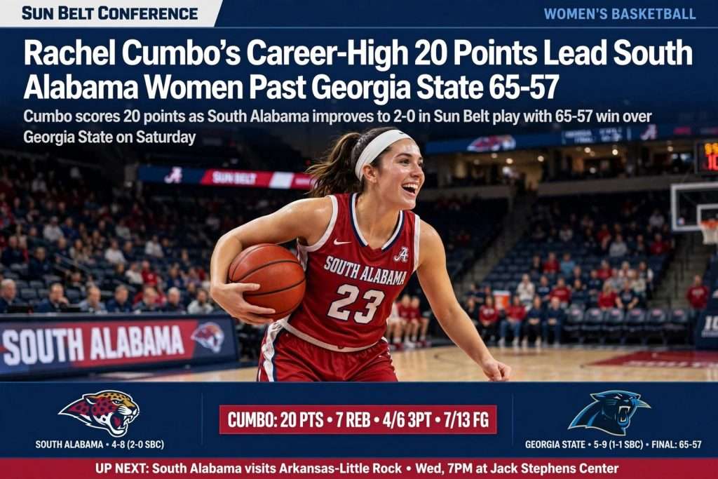Illustration for the news story: Rachel Cumbo’s Career-High 20 Points Lead South Alabama Women Past Georgia State 65-57