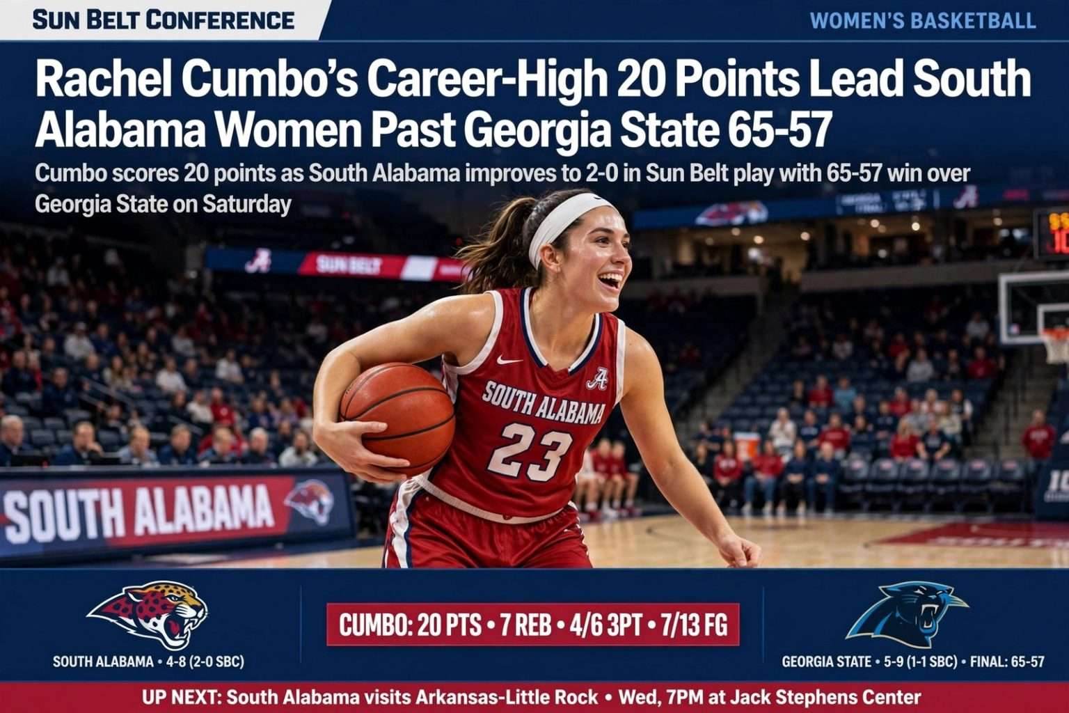 Illustration for the news story: Rachel Cumbo’s Career-High 20 Points Lead South Alabama Women Past Georgia State 65-57