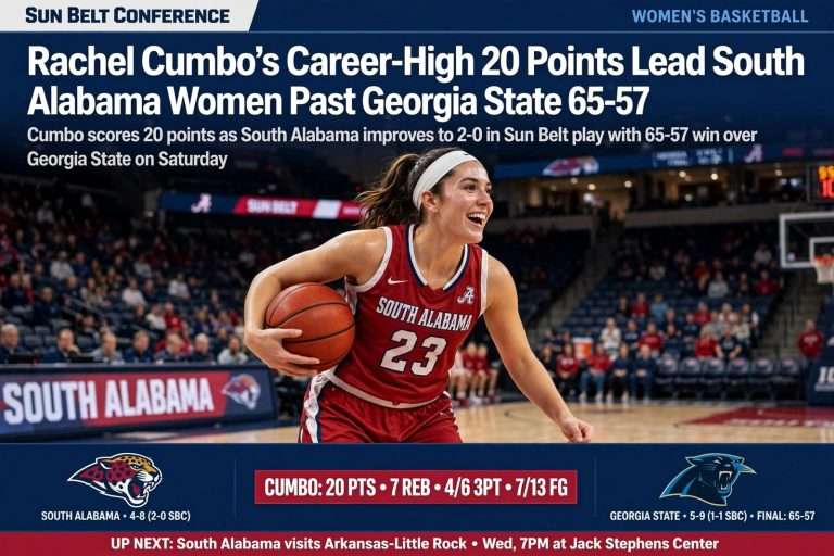 Illustration for the news story: Rachel Cumbo’s Career-High 20 Points Lead South Alabama Women Past Georgia State 65-57