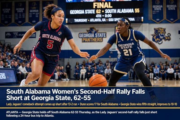 Illustration for the news story: South Alabama Women’s Second-Half Rally Falls Short at Georgia State, 62-55