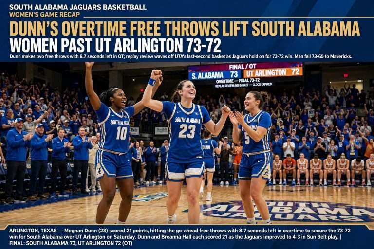 Illustration for the news story: Meghan Dunn’s Overtime Free Throws Lift South Alabama Women Past UT Arlington 73-72; Men Fall
