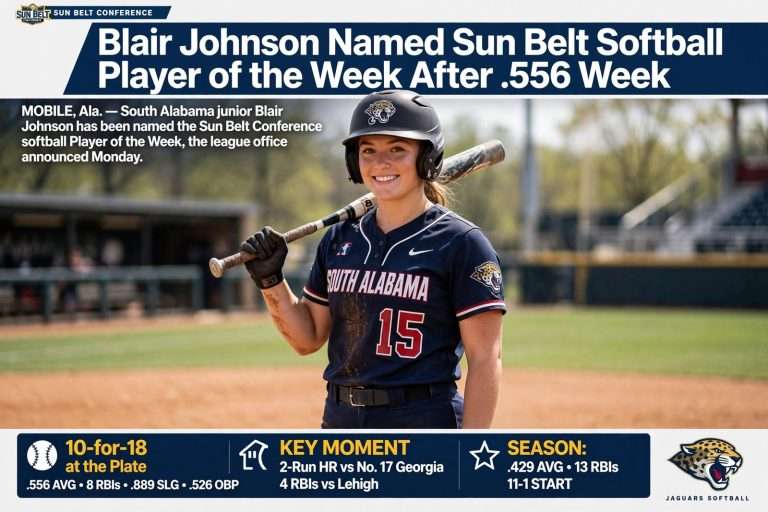 Illustration for the news story: Blair Johnson Named Sun Belt Softball Player of the Week After .556 Week