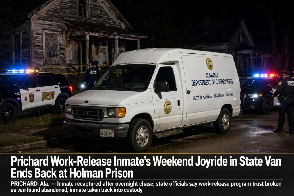 Illustration for the news story: Prichard Work-Release Inmate’s Weekend Joyride in State Van Ends Back at Holman Prison