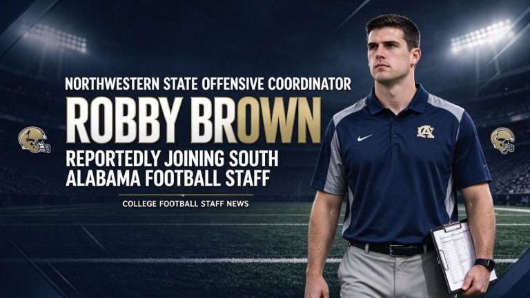 Illustration for the news story: Northwestern State Offensive Coordinator Robby Brown Reportedly Joining South Alabama Football Staff