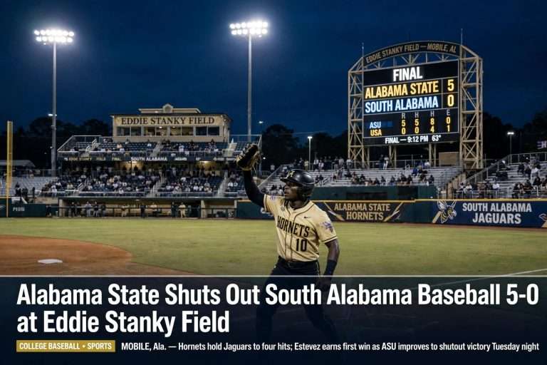 Illustration for the news story: Alabama State Shuts Out South Alabama Baseball 5-0 at Eddie Stanky Field