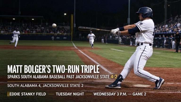 Illustration for the news story: Matt Bolger’s Two-Run Triple Sparks South Alabama Baseball Past Jacksonville State 4-2