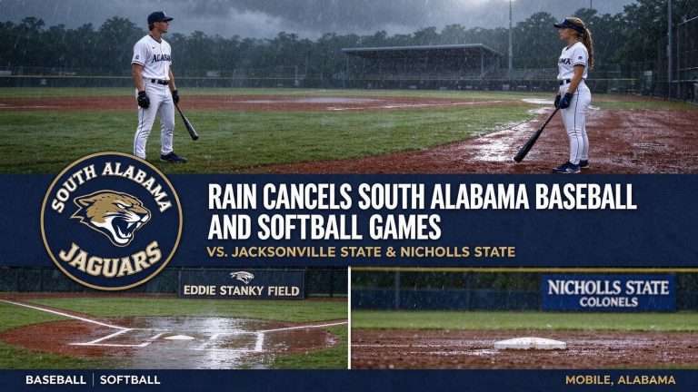 Illustration for the news story: Rain Cancels South Alabama Baseball and Softball Games Against Jacksonville State and Nicholls State