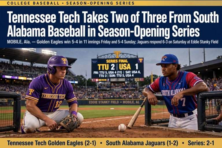 Illustration for the news story: Tennessee Tech Takes Two of Three From South Alabama Baseball in Season-Opening Series