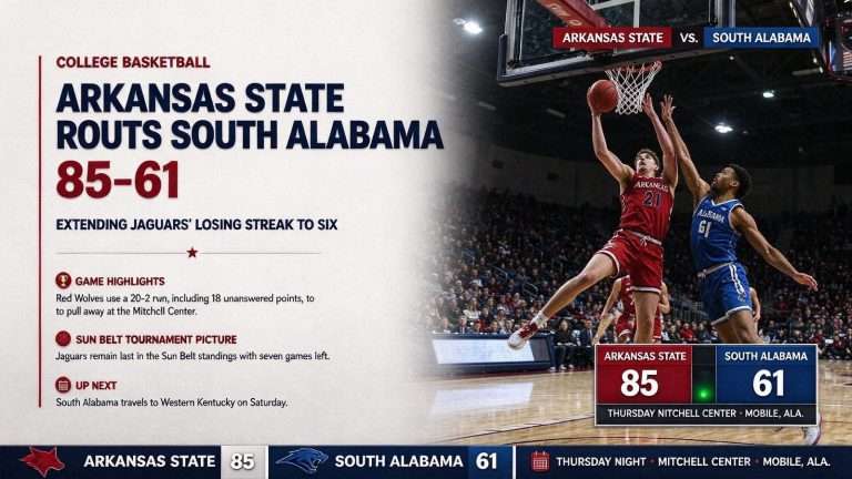 Illustration for the news story: Arkansas State Routs South Alabama 85-61, Extending Jaguars’ Losing Streak to Six