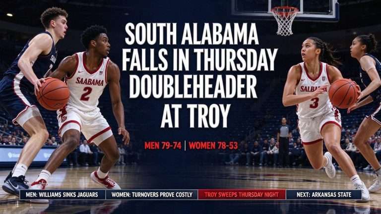 Illustration for the news story: South Alabama Men, Women Both Fall at Troy as Trojans Sweep Thursday Doubleheader