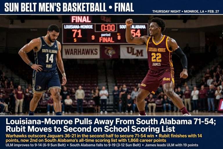 Illustration for the news story: Louisiana-Monroe Pulls Away From South Alabama 71-54; Rubit Moves to Second on School Scoring List