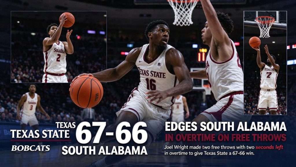 Illustration for the news story: Texas State Edges South Alabama 67-66 in Overtime on Free Throws With Two Seconds Left