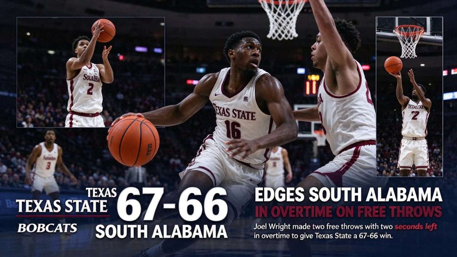 Illustration for the news story: Texas State Edges South Alabama 67-66 in Overtime on Free Throws With Two Seconds Left