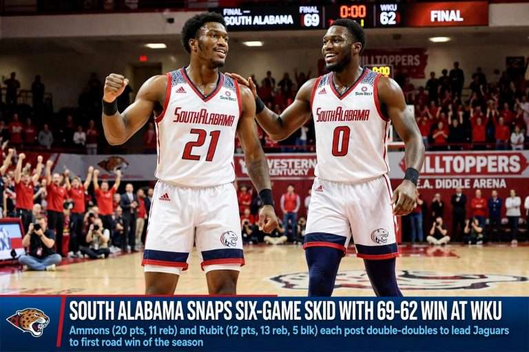 Illustration for the news story: South Alabama Snaps Six-Game Skid With 69-62 Win at Western Kentucky Behind Ammons, Rubit Double-Doubles