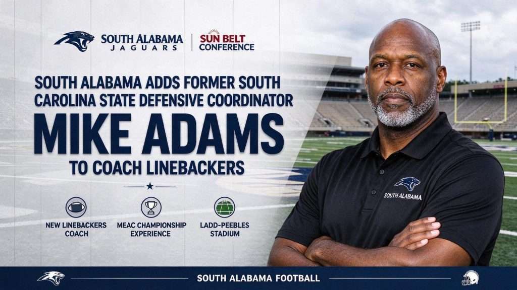 Illustration for the news story: South Alabama Adds Former South Carolina State Defensive Coordinator Mike Adams to Coach Linebackers